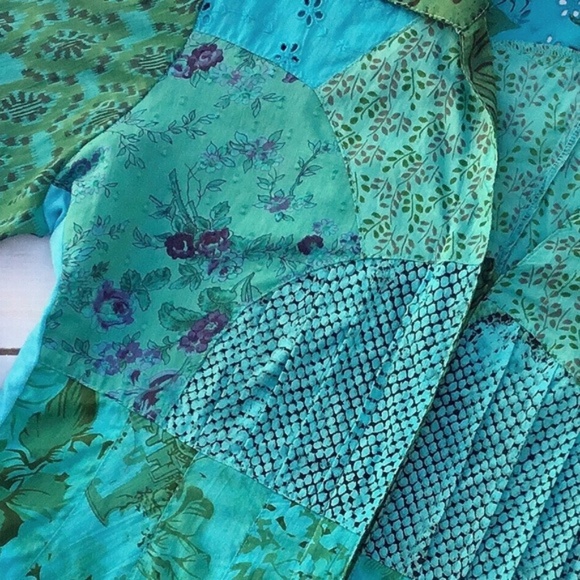Green Blue Patchwork Floral Embroidered Blouse Top - Picture 6 of 8